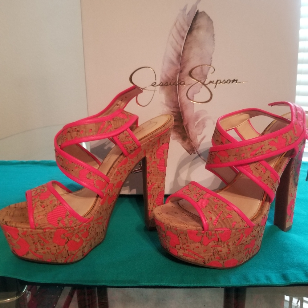 Women Shoe Jessica Simpson Size 6.5M  Color Natural/Laser Pink Foral Laser Cork